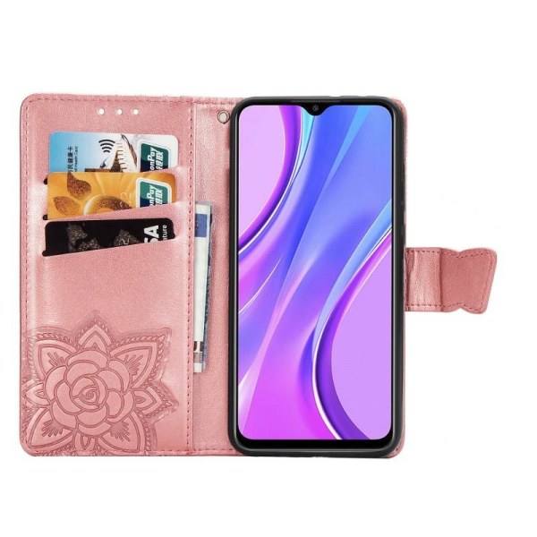 Xiaomi Redmi 9 Wallet Case PU Læder 4-LOMMES Motiv Sommerfugl Pink gold