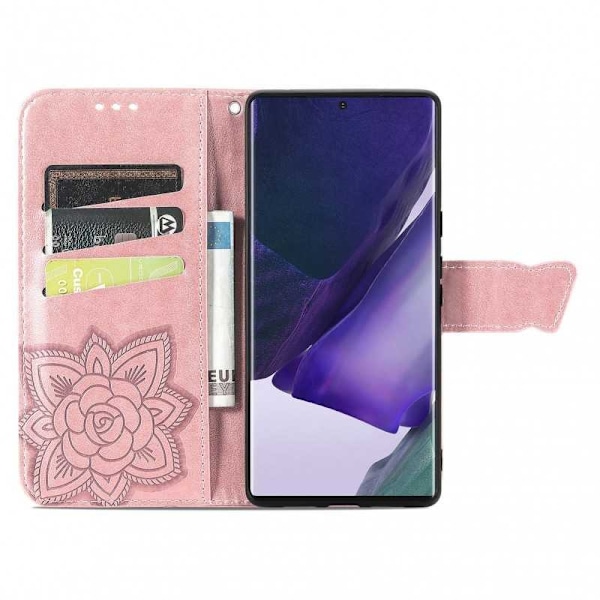 Samsung S22 Ultra Plånboksfodral PU-Läder 4-FACK Motiv Fjäril Pink gold