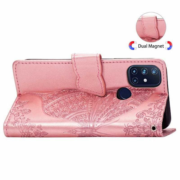 OnePlus Nord N10 -lompakkokotelo PU-nahkainen 4-TASKUN motiiviperhonen Pink gold