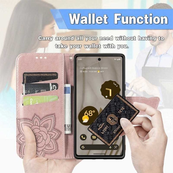 Google Pixel 8 Plånboksfodral PU-Läder 4-FACK Motiv Fjäril Rosa guld