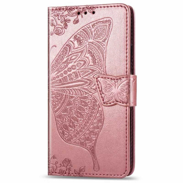 OnePlus Nord N10 -lompakkokotelo PU-nahkainen 4-TASKUN motiiviperhonen Pink gold