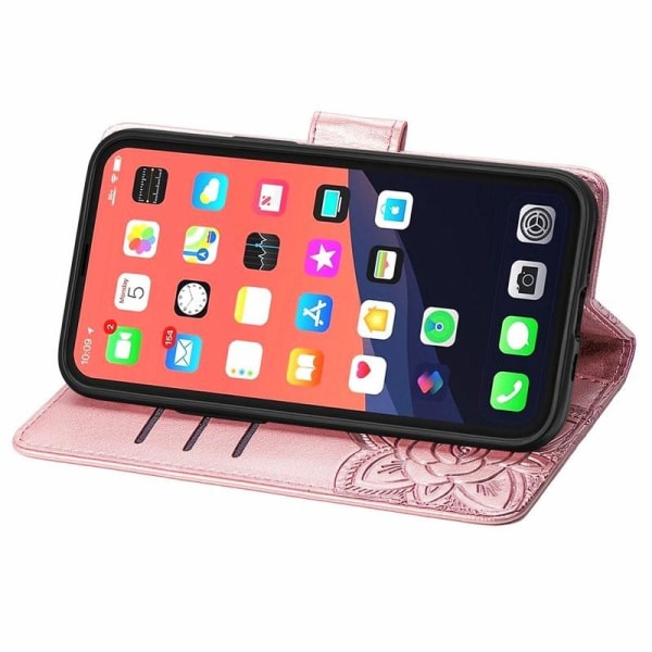 iPhone 14 Pro Max lommebokveske PU skinn 4-LOMMER Motiv Butterfl Pink gold
