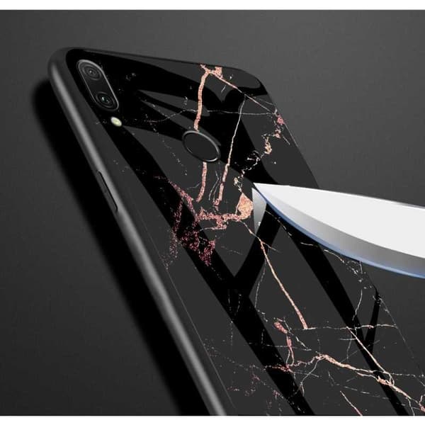 Xiaomi Redmi Note 7 Marble Shell 9H Tempered Glass Back Glassback V2 Black Svart/Guld