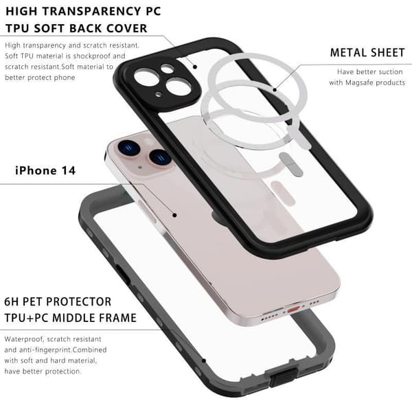 iPhone 14 Täysi peittävä vedenpitävä Premium Shell - 2m Transparent