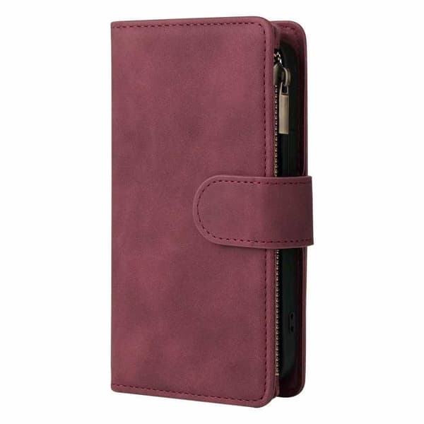 iPhone 15 Multifunktionellt Plånboksfodral Zipper 8-Fack Vinröd