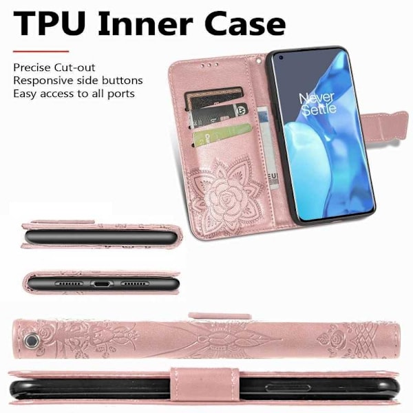 OnePlus 9 Pro Wallet Case PU Læder 4-LOMMES Motiv Butterfly Pink gold