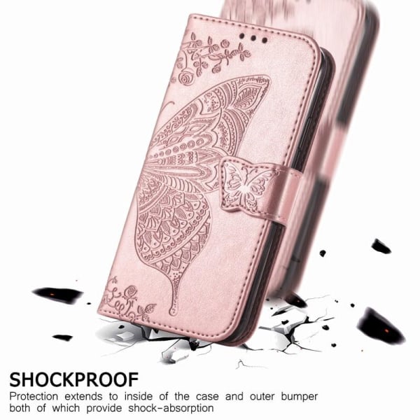 Xiaomi Mi 11i -lompakkokotelo, PU-nahkainen 4-TASKUN Motif Butterfly Pink gold