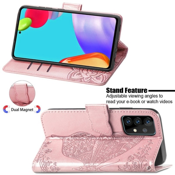 Samsung A53 5G Pung etui PU-Læder 4-KOMPARTMENT Motiv Sommerfugl Pink gold