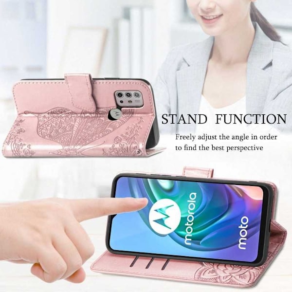 Motorola G30 Pung Etui PU Læder 4-LOMMES Butterfly Motiv Pink gold