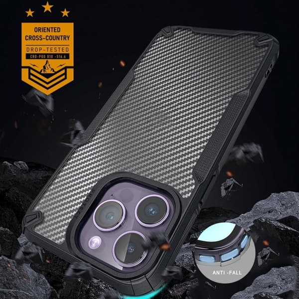 Iskunkestävä suojus läpinäkyvällä Carbon Design Legend iPhone 15