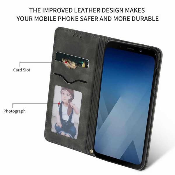 Samsung A8 2018 Flip Case Korttilokero Suede Black