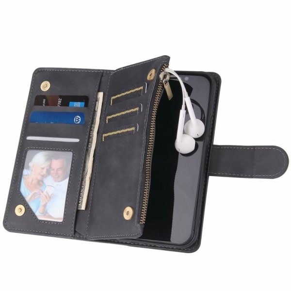 iPhone 12 Mini Multifunctional Wallet Case Vetoketjullinen 8-tas Svart