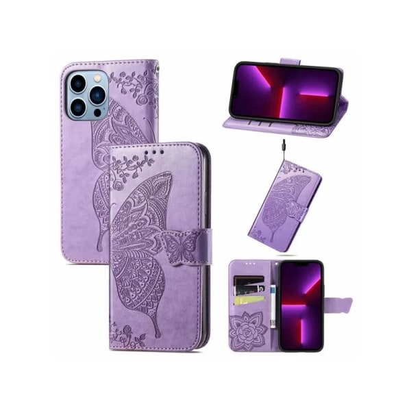 iPhone 13 Pro lommebokveske PU skinn 4-LOMMER Motiv Butterfly Rosenguld