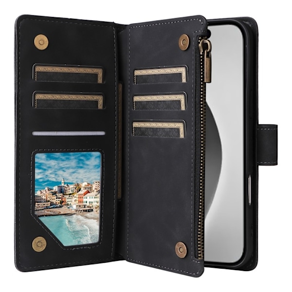 iPhone 15 Pro Max multifunktionelt pung etui Lynlås 8-rum Svart