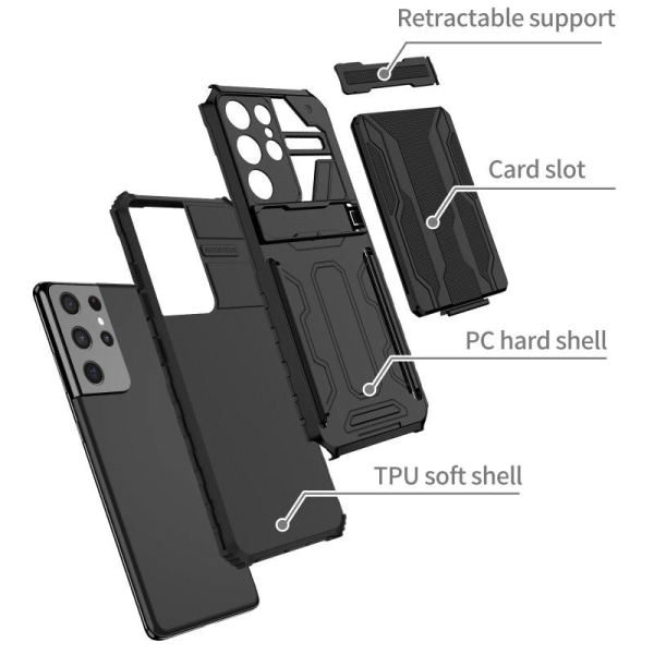 Samsung S21 Ultra Iskunkestävä Kansi Jalusta ja korttipaikka Thi Black