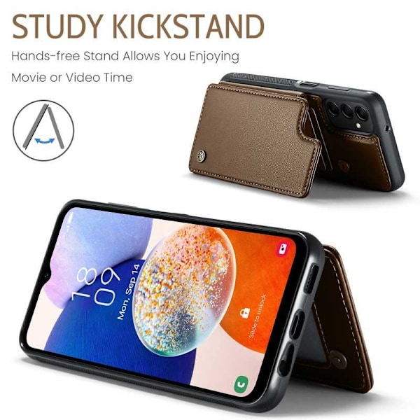 CaseMe iskunkestävä kansi korttitelineen jalusta 4-lokeroinen Samsung A14 4G/5G Ruskea