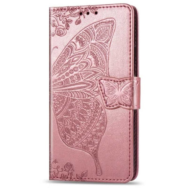 iPhone 12/12 Pro Pung etui PU-læder 4-LOMMES Motiv Butterfly Rosenguld