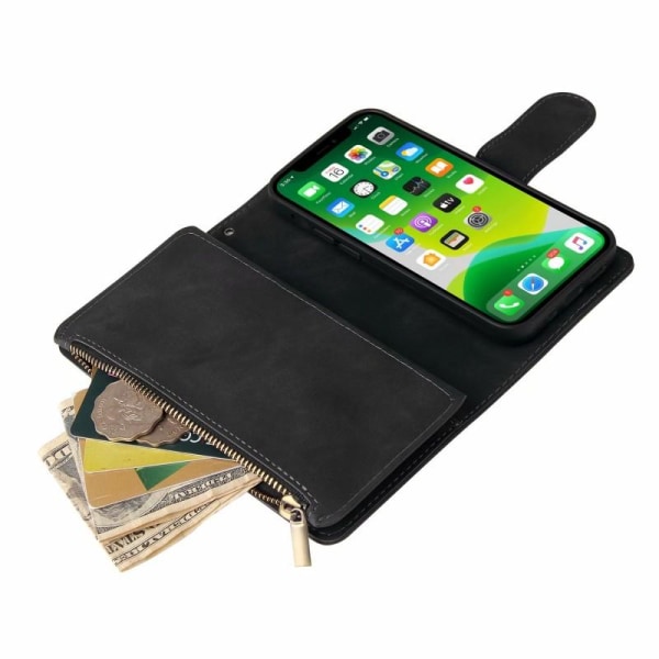 iPhone 13 Mini multifunksjonelt lommebokveske glidelås 8-lomme Svart