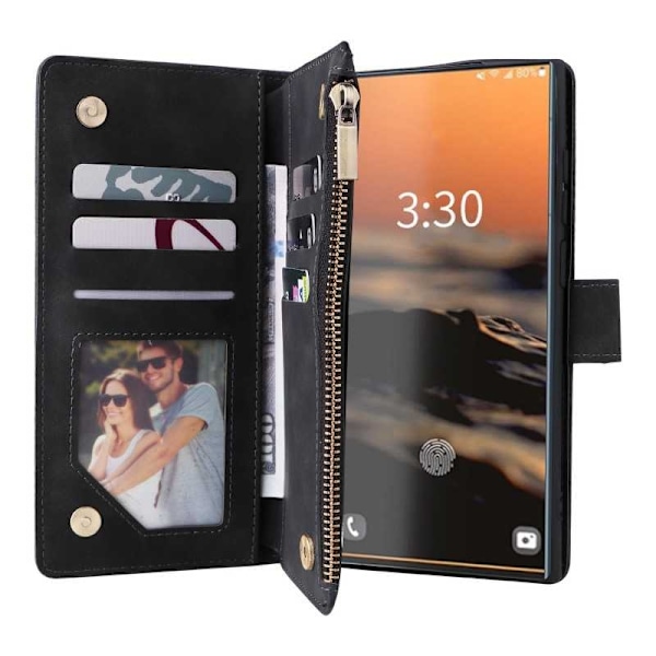 Samsung S23 Ultra Multifunktionellt Plånboksfodral Zipper 8-Fack Svart