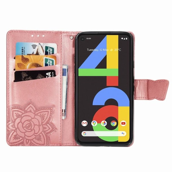 Google Pixel 4a 4G Wallet Case PU Læder 4-BAG Motiv Butterfly Pink gold