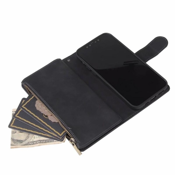 iPhone 12/12 Pro Multifunktionellt Plånboksfodral Zipper 8-Fack Svart