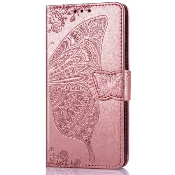 iPhone X / XS -lompakkokotelo PU-nahkainen 4-POCKET Motif Butterfly Rosenguld