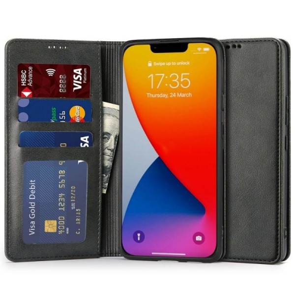 iPhone 14 Max Wallet Case PU-nahkainen 4-POCKET Black