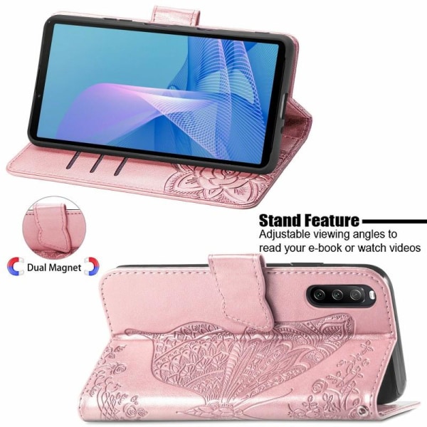 Xperia 10 III Pung Etui PU Læder 4-LOMMES Motiv Sommerfugl Pink gold