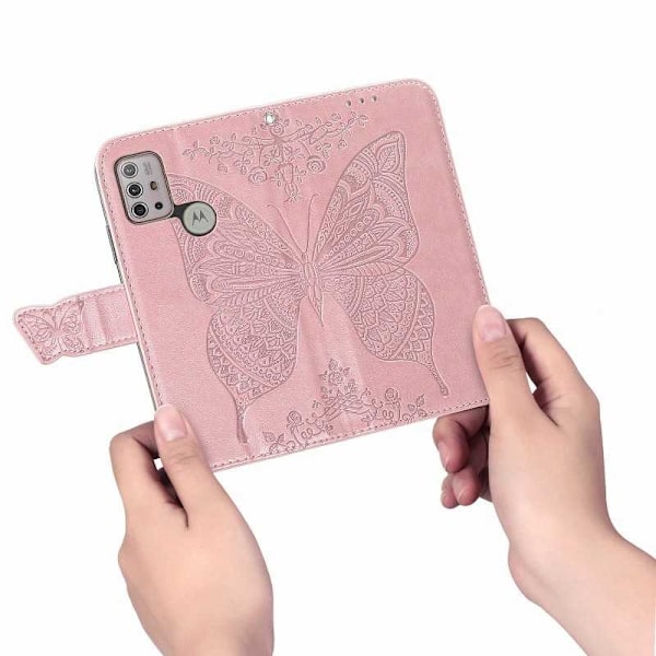 Motorola G30 lompakkokotelo PU-nahkainen 4-POCKET Butterfly Motif Pink gold