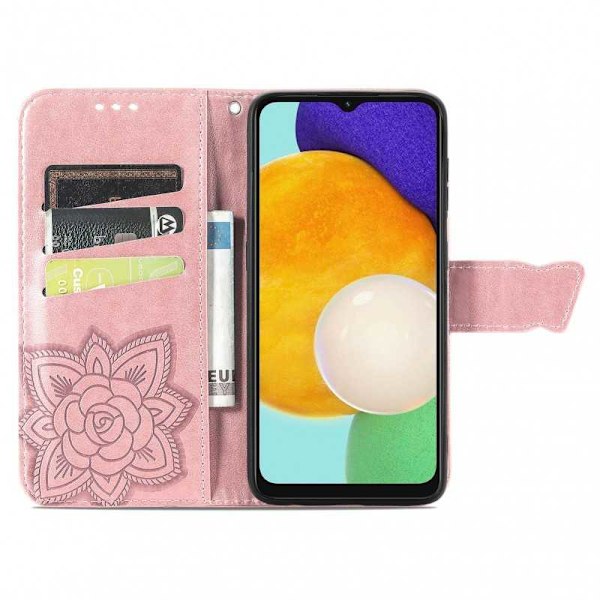 Samsung A13 5G / A04s lompakkokotelo PU-nahkainen 4-POCKET Motif Butterfly Pink gold