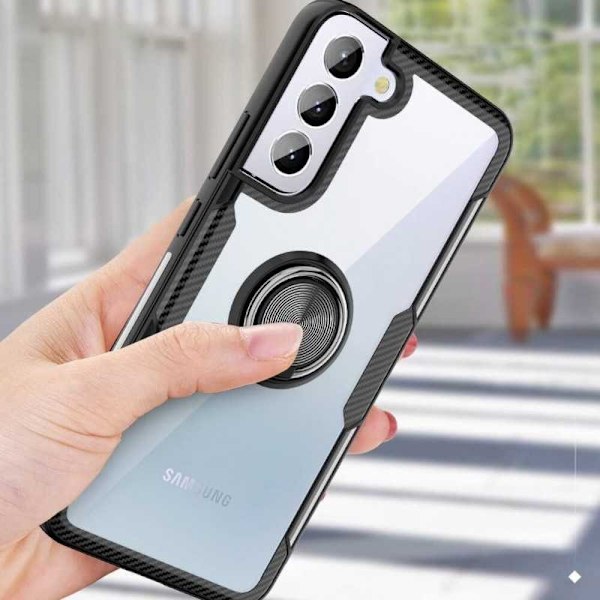 Samsung S21 FE Praktisk stødsikkert cover med ringholder V4 Black