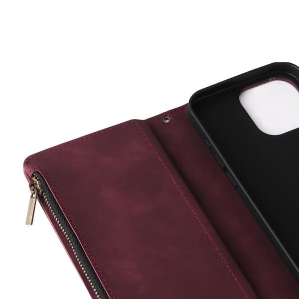 iPhone 15 Pro Max Multifunktionellt Plånboksfodral Zipper 8-Fack Vinröd
