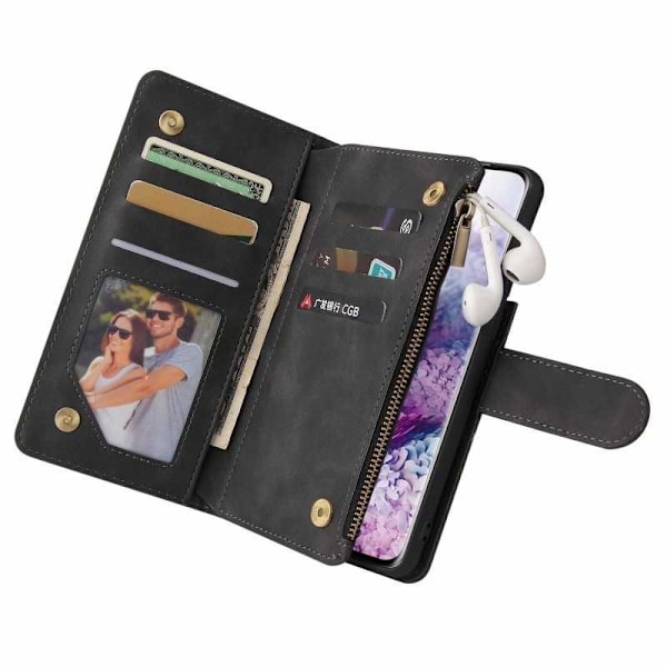 Samsung S21 FE Multifunktionellt Plånboksfodral Zipper 8-Fack Svart