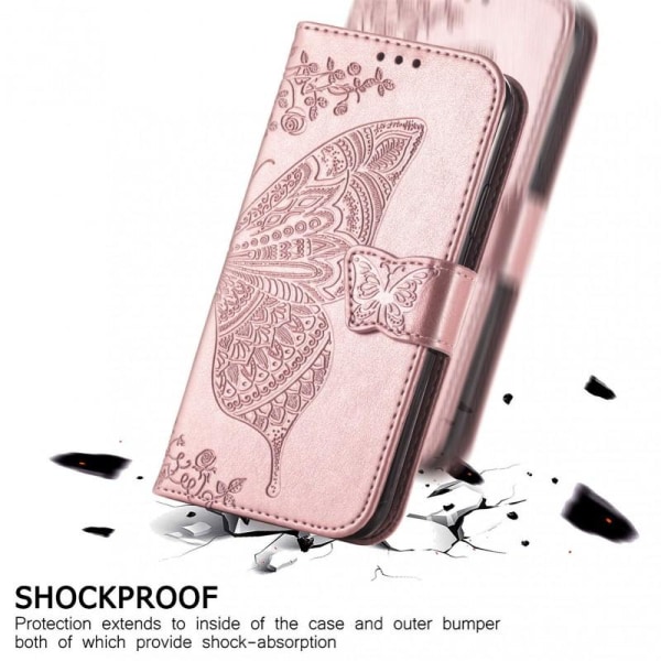 Samsung S22 Ultra Plånboksfodral PU-Läder 4-FACK Motiv Fjäril Rosa guld