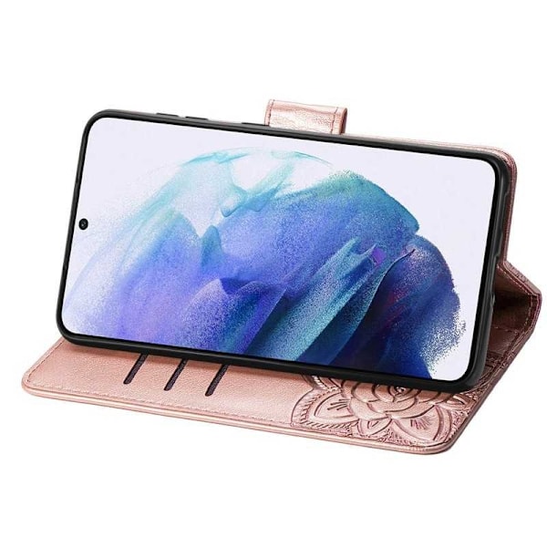 Samsung S21 Plus -lompakkokotelo PU-nahkainen 4-TASKUN perhoskuvio Rosenguld