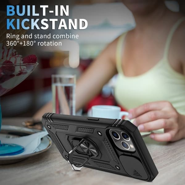iPhone 12 / 12 Pro Hybridskal med Ringhållare & Kameraskydd - Svart