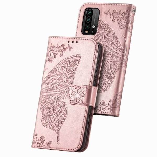 Xiaomi Redmi Note 9 Plånboksfodral PU-Läder 4-FACK Motiv Fjäril Rosa guld