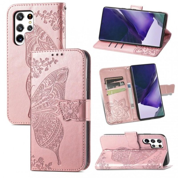 Samsung S22 Ultra Plånboksfodral PU-Läder 4-FACK Motiv Fjäril Pink gold