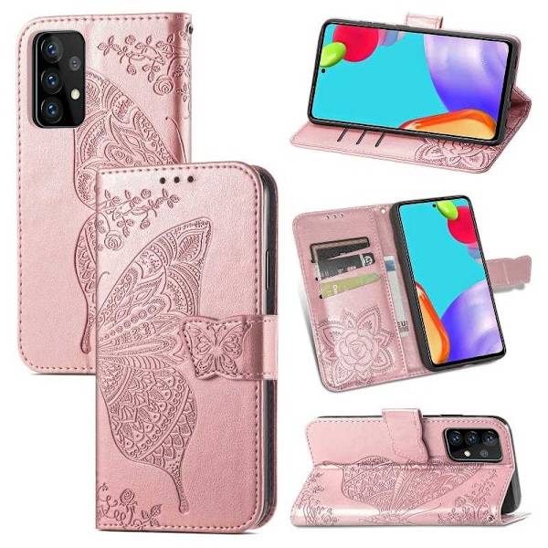 Samsung A72 4G / 5G lompakkokotelo PU-nahkainen 4-POCKET Motif Butterfly Pink gold