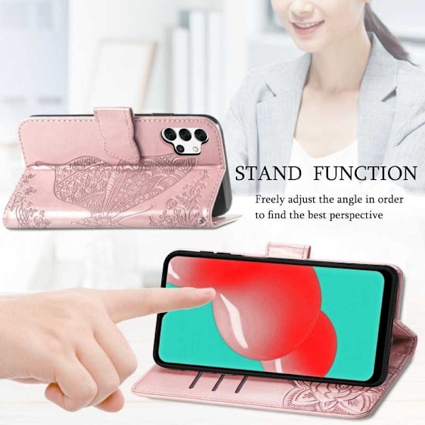 Samsung A32 5G Pung-etui PU-læder 4-LOMMES sommerfuglemotiv Pink gold