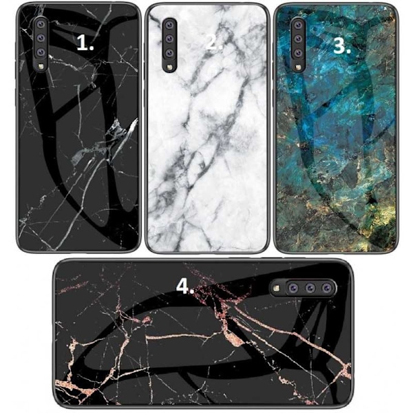 Samsung A7 2018 Marble Shell 9H karkaistu lasitausta Glassback V2 Black Svart/Guld