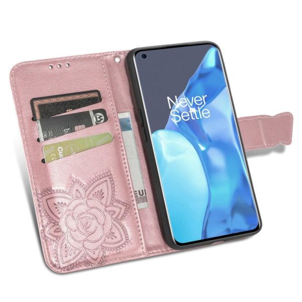 OnePlus 9 Pro Wallet Case PU Læder 4-LOMMES Motiv Butterfly Pink gold