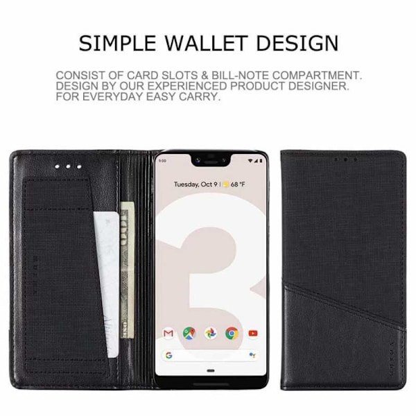Google Pixel 3 Elegant Fodral i PU-Läder med RFID Block Svart