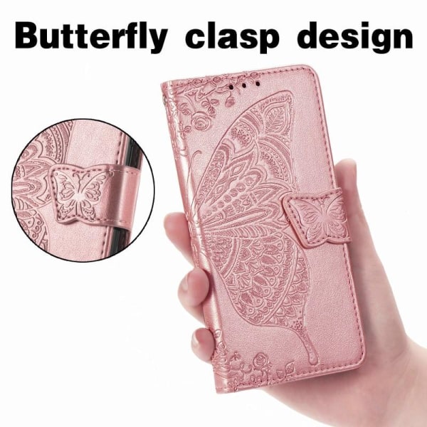 Samsung S22 Pung etui PU-Læder 4-KOMPARTMENT Motiv Butterfly Rosenguld