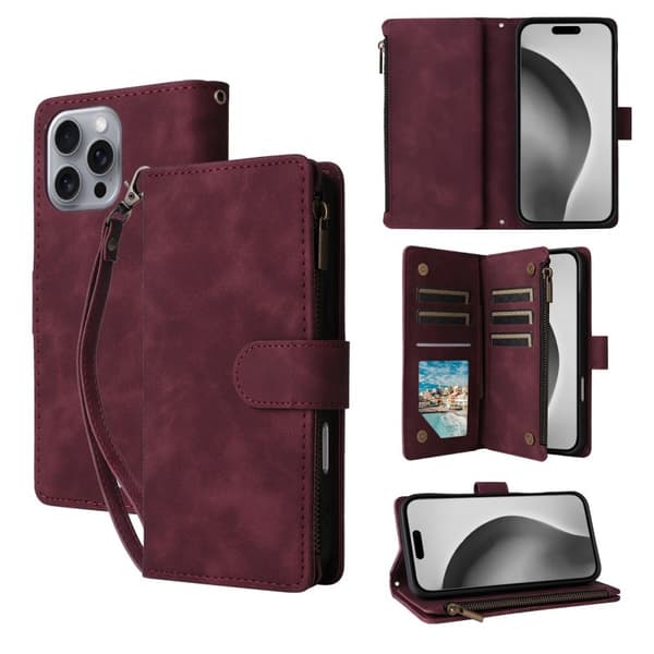 iPhone 15 Pro Max Multifunktionellt Plånboksfodral Zipper 8-Fack Vinröd
