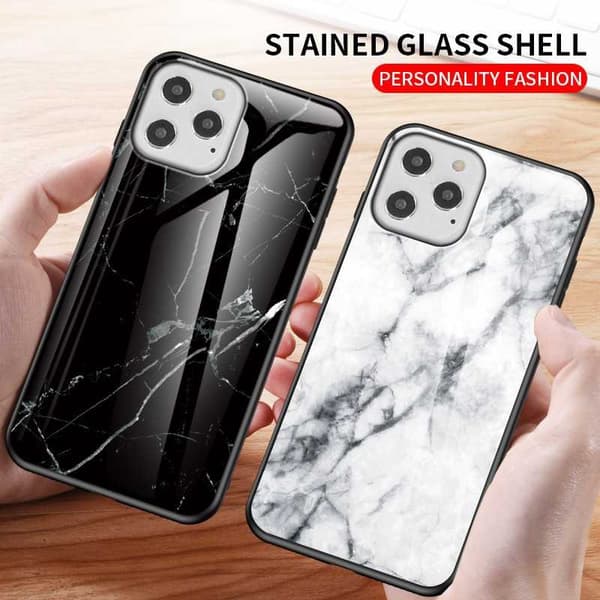 iPhone 12 Pro Max Marble Shell 9H karkaistu lasi tausta Glassback V2 Black Svart/Vit
