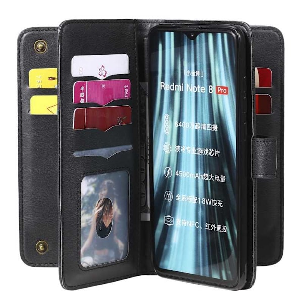 Käytännöllinen Redmi Note 8 Pro -lompakkokotelo 11-taskuisella Array V2:lla Black