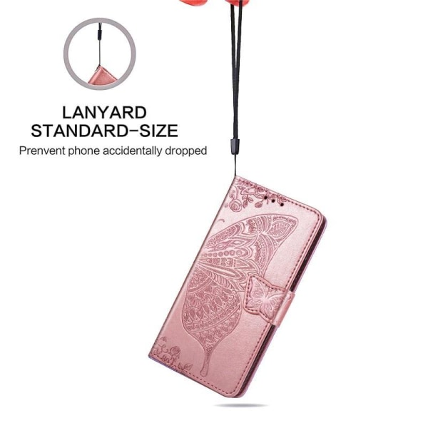 Samsung A32 5G lommebokveske PU skinn 4-LOMMER Motiv Butterfly Pink gold
