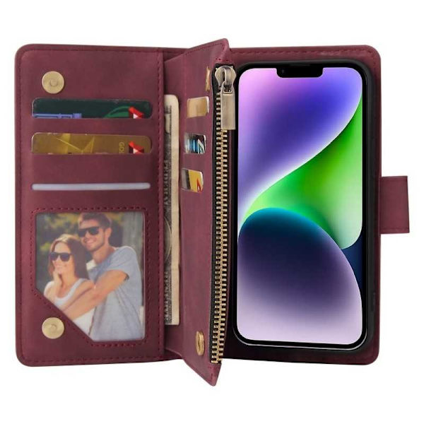 iPhone 15 Plus multifunktionelt pung etui Lynlås 8-rum