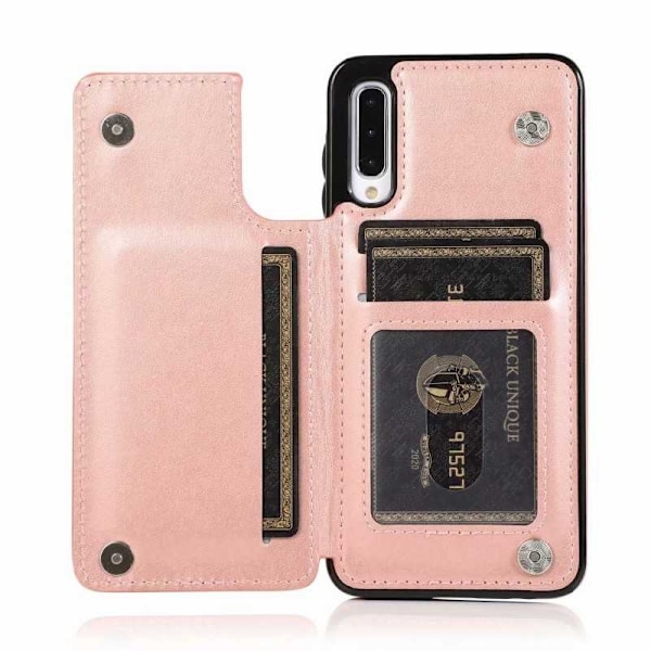 Samsung A50 iskunkestävä kansikorttipidike 3-POCKET Flippr V2 Pink gold